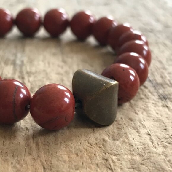 Men's Red Agate Beaded Stretch Bracelet Sterling Silver Accent Bead - 10mm Beads - Picture 1 of 4